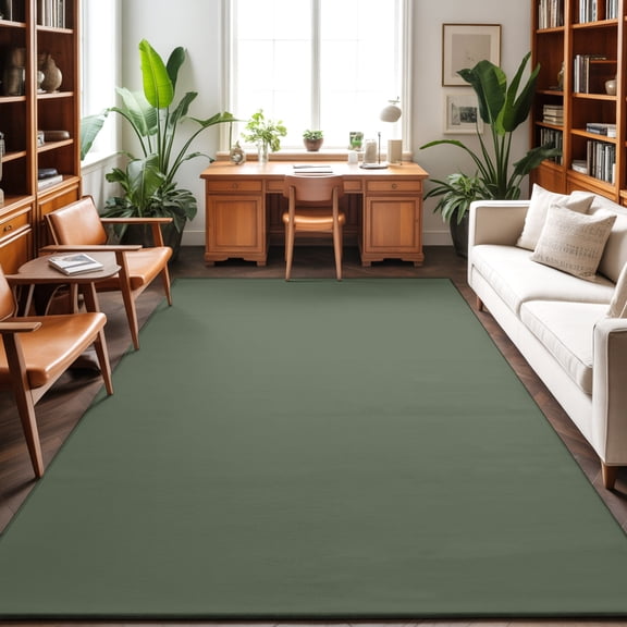 Olive Green 8'x10' Large Area Rug for Living Room Sectional Sofa, Deep Green Color Solid Background Autumnal Rustic Farmhouse Washable Non Slip Low Pile Rectangle Area Rug