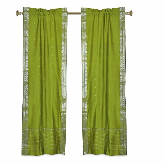 Olive Green 84-inch Rod Pocket Sheer Sari Curtains w/ Silver Border-Pair