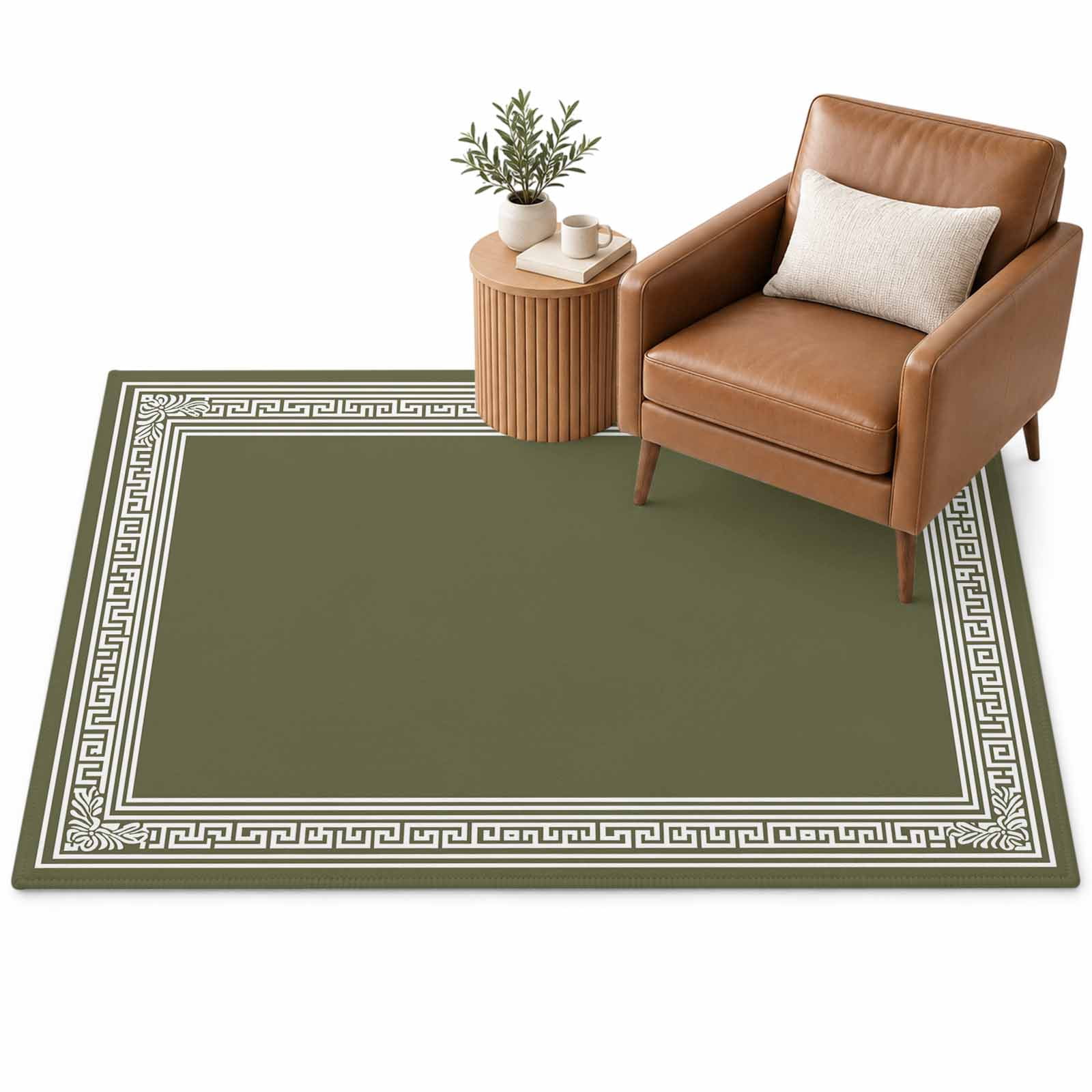 Olive Green Abstract Art Area Rug 3'x5', Geometric Greek Key Country ...