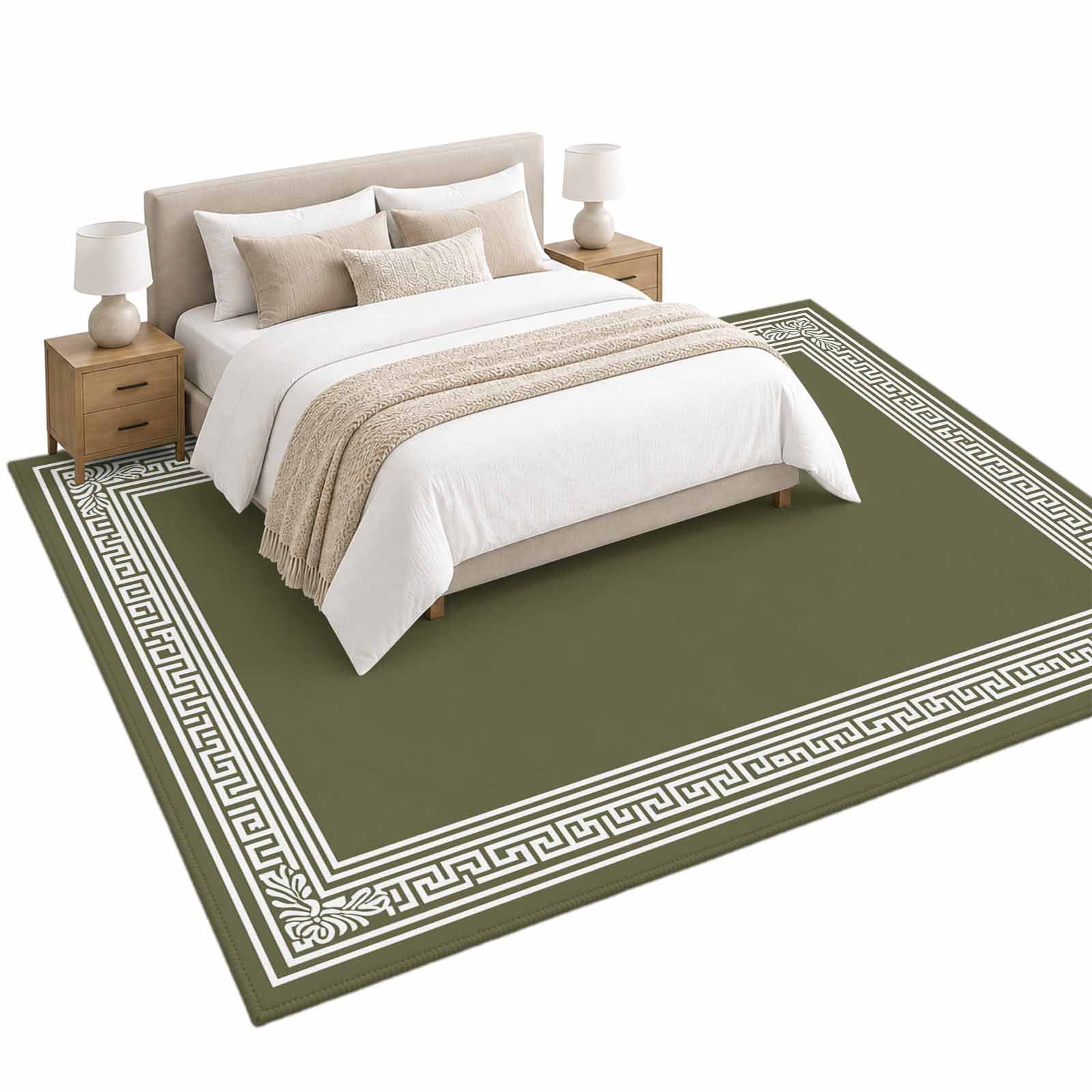 Olive Green Abstract Art Area Rug 5'x8', Geometric Greek Key Country ...