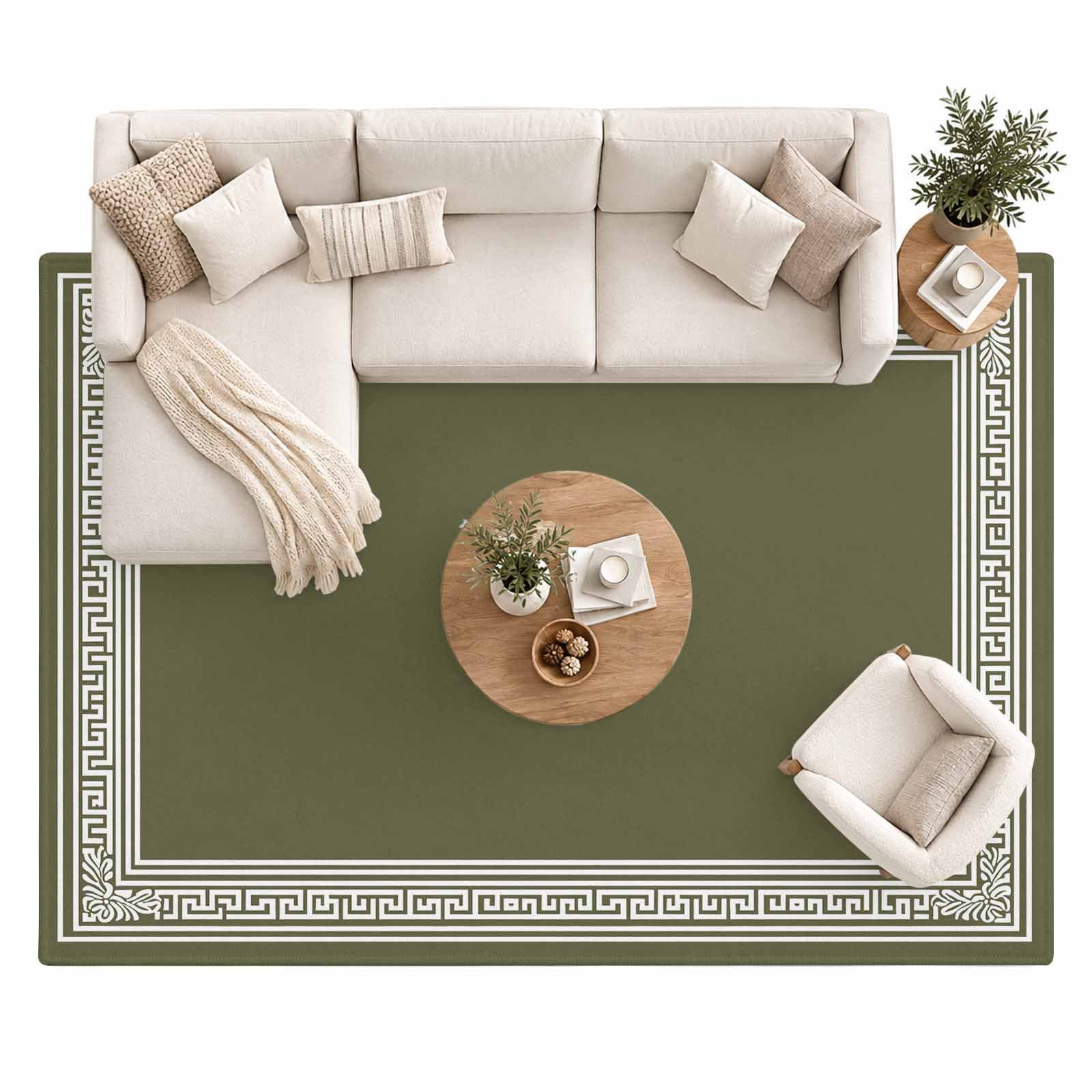 Olive Green Abstract Art Area Rug 8'x10', Geometric Greek Key Country ...
