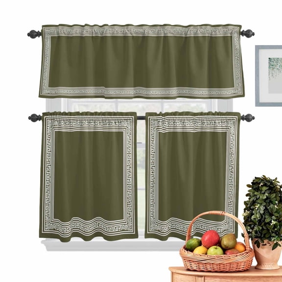 Olive Green Abstract Art Kitchen Curtains Valances 3 Piece Set, Geometric Greek Key Country Farm Rod Pocket Tier Curtain and Valance Drapes for Small Window 24 Inch Length for Bedroom Cafe
