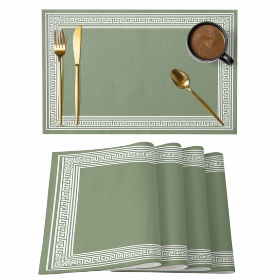 Olive Green Abstract Art Placemats Set of 4, Geometric Greek Key Country Farm Non-Slip Place Mats Washable Table Mats for Kitchen Dining Table Decorations Indoor/Outdoor