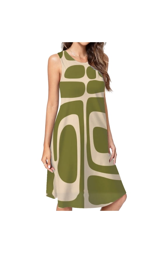 Olive Green Abstract Art Print Casual Sleeveless Loose Sundress Dress For Women Summer Dress Daily Woman