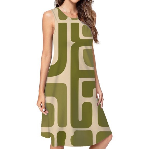Olive Green Abstract Design Art Casual Sleeveless Loose Sundress Dress For Women Summer Dress Daily Woman
