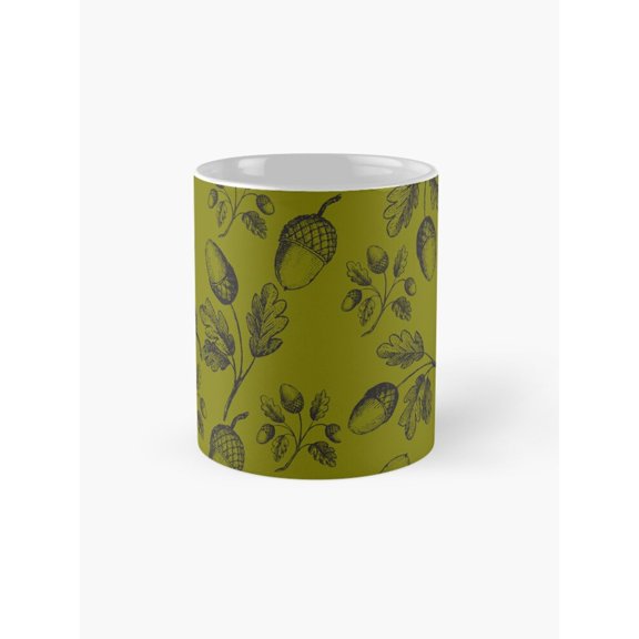 Olive Green Acorn and Oak Leaf Coffee Mug, 11oz Ceramic, Botanical Style, Wrap-Around Print