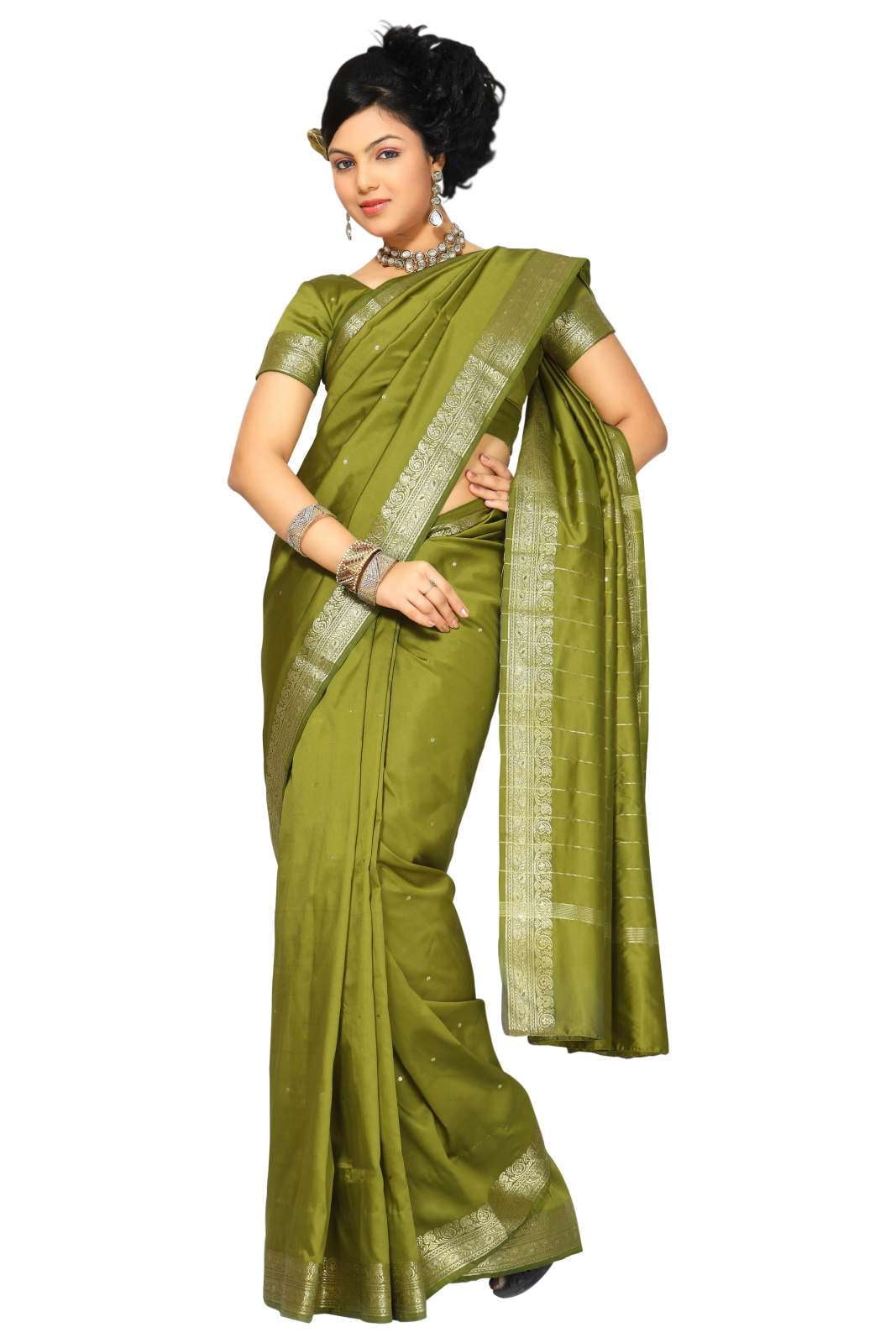 Olive Green Art Silk Saree Sari fabric India Golden Border 