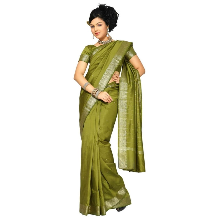 Olive Green Art Silk Saree Sari fabric India Golden Border