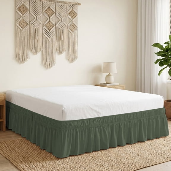 Olive Green Bed Skirt Bed Skirts Queen Size 18 Inch Drop, Deep Green Color Solid Background Autumnal Rustic Farmhouse Wrap Around Dust Ruffle Bedskirt with Adjustable Elastic Belt for Queen Size Beds
