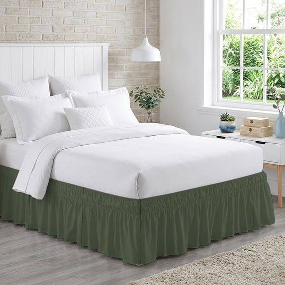 Olive Green Bed Skirt King Size 16 Inch Drop, Deep Green Color Solid Background Autumnal Rustic Farmhouse Adjustable Elastic Dust Ruffles Bedskirt for King Bed Wrap Around Pleated Mattress Cover