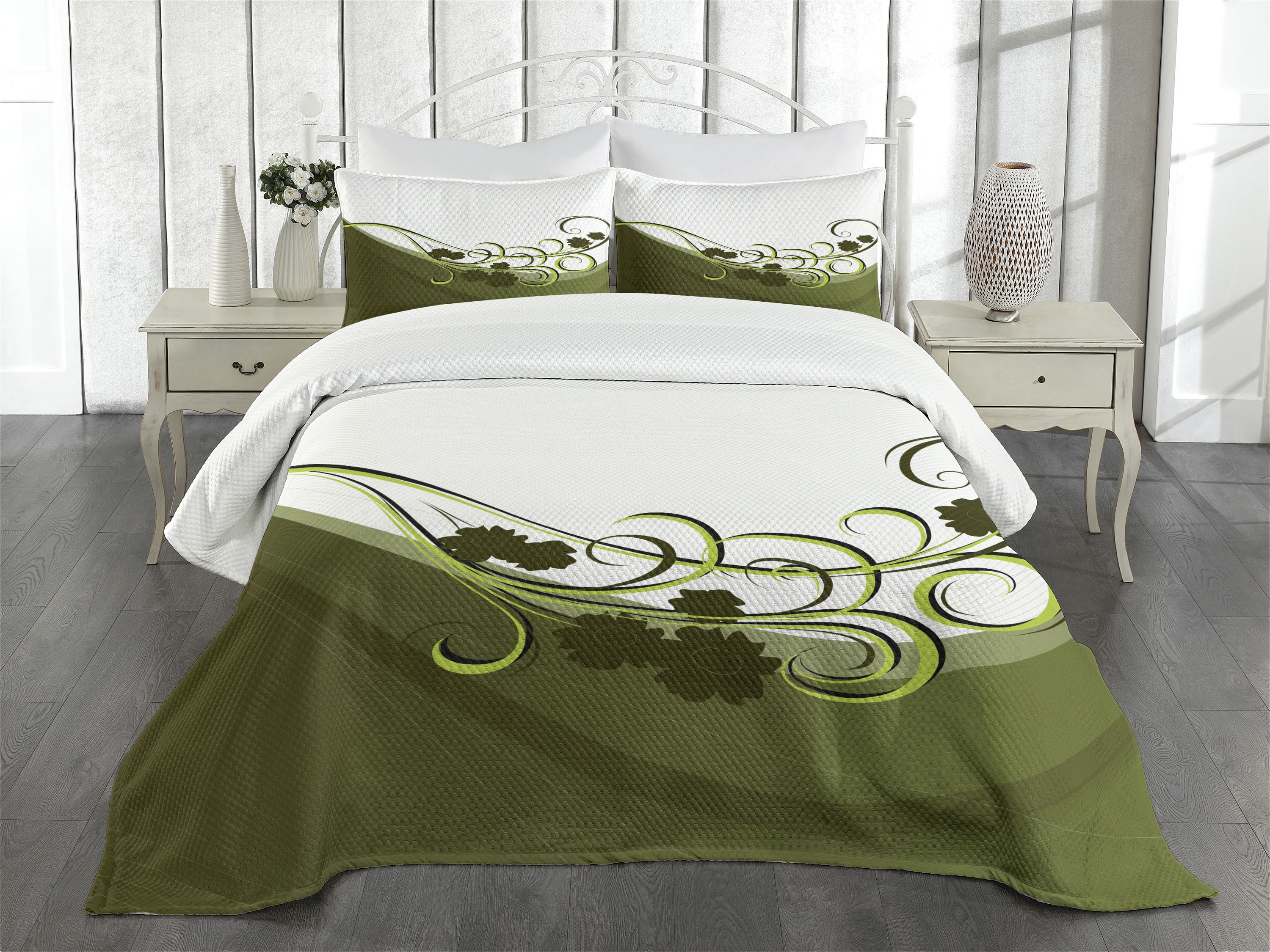 Olive Green Bedspread Set Queen Size, Wedding Inspired Floral