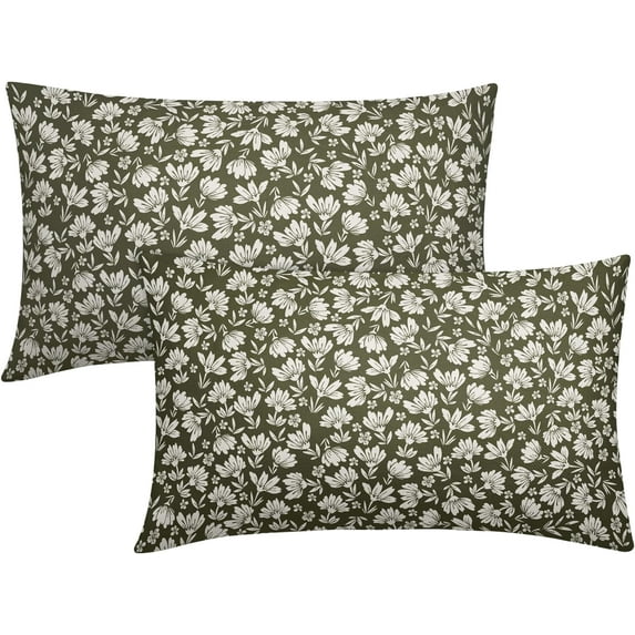 Olive Green Beige Daisy Floral Lumbar Pillow Covers 12X20 Inch Vintage Flowers Pillow Cases Set of 2 Block Print Cotton Linen Throw Pillows Farmhouse Decor For Sofa Couch Porch Bed Cushion Outdoor