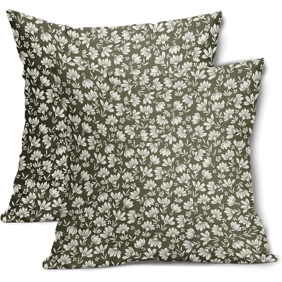 Olive Green Beige Daisy Floral Pillow Covers 16X16 Inch Vintage Flowers Decorative Pillow Cases Set of 2 Block Print Cotton Linen Throw Pillows Farmhouse Decor For Couch Porch Bed Cushion Outdoor