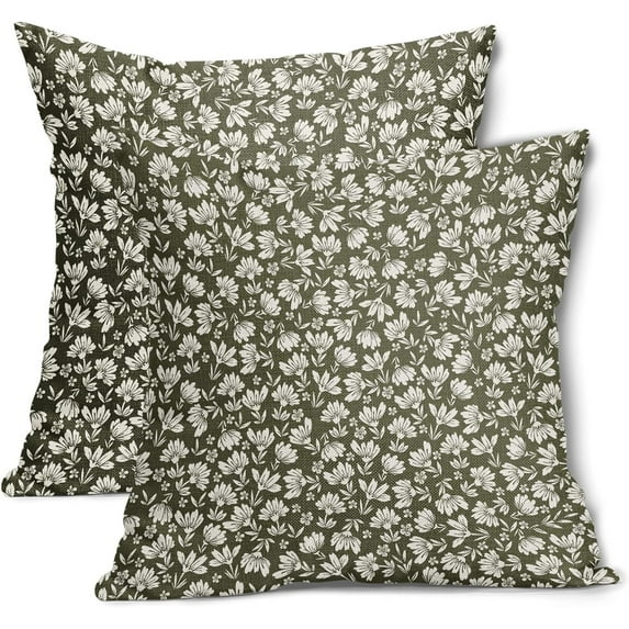 Olive Green Beige Daisy Floral Pillow Covers 18X18 Inch Vintage Flowers Decorative Pillow Cases Set of 2 Block Print Cotton Linen Throw Pillows Farmhouse Decor For Couch Porch Bed Cushion Outdoor