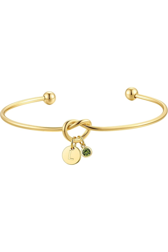 Olive Green Birthstone Bracelets for Women - Trendy 14K-Gold-Plated Disc Letter L Love Knot Cuff Bracelet Created Peridot August Birthstone Bracelets Birthday Friendship Gifts for Women