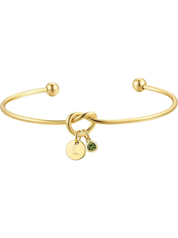 Olive Green Birthstone Bracelets for Women - Trendy 14K-Gold-Plated Disc Letter L Love Knot Cuff Bracelet Created Peridot August Birthstone Bracelets Birthday Friendship Gifts for Women