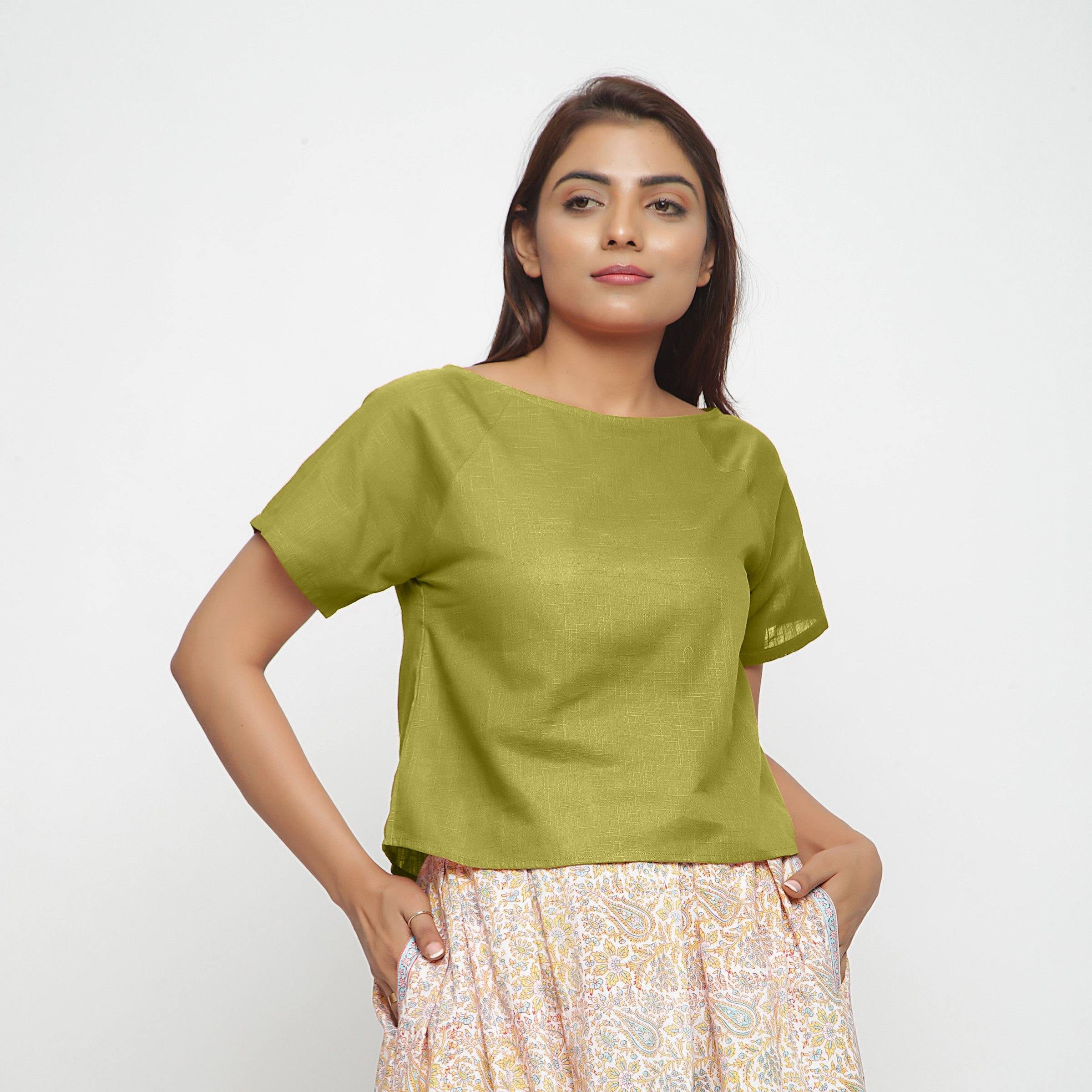 Women's Green Boat Neck Top