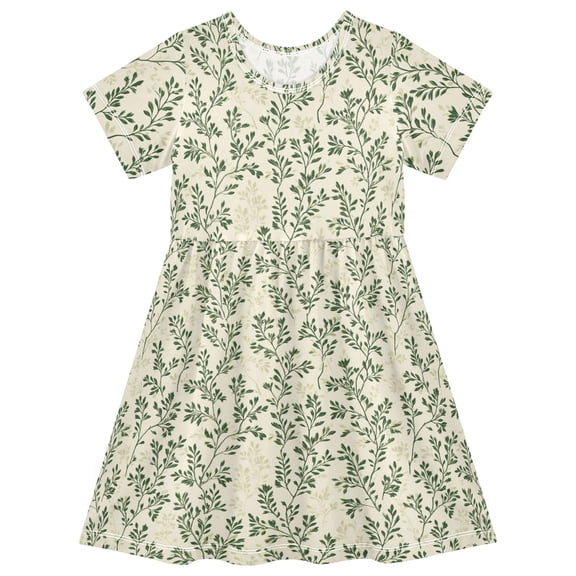Olive Green Branches Short Sleeve Dress A-Line Cute Midi Casual Sundress 2-8 Years