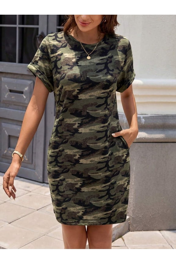 Olive Green Camo Print Loose Drop Shoulder Round Neck T-Shirt Dress For Women Summer Casual Comfortable