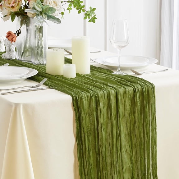 Olive Green Cheesecloth Table Runner - 13.3Ft Boho Gauze Cheese Cloth Table Runner 35x160 Inch Long Romantic Sheer Table Runner for Wedding Bridal Baby Shower Birthday Party Table Decoration
