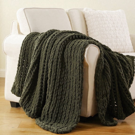 Battilo Olive Green Chunky Knit Throw Blanket,Handmade Cable Knit Throws,Thick Chenille Blanket,50"x60"