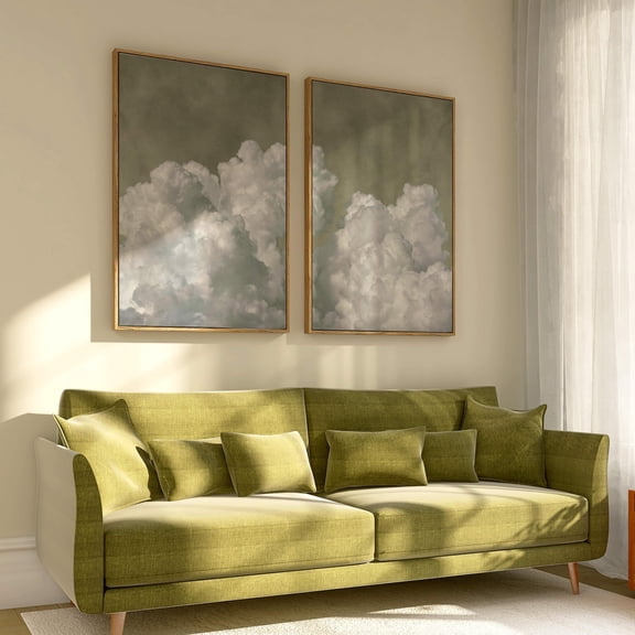 Olive Green Clouds Wall Art Living Room Decor Floating Art Minimalist Sky Art Earth Toned Decor Set 2