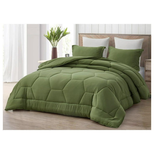 Olive Green Comforter Set Oversized Queen Size 3-Piece Fluffy Soft Lightweight Bedding Honeycomb Geometric Quilted Stone-Washed Microfiber Comforter Set for All Season