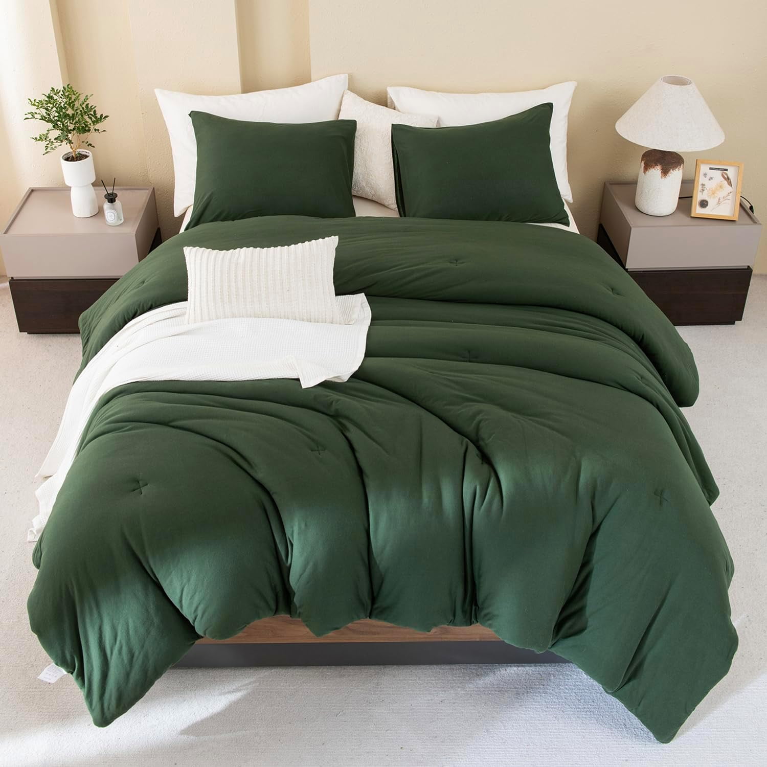 Olive Green Comforter Set Queen,100 Cotton Jersey Knit Solid Dark