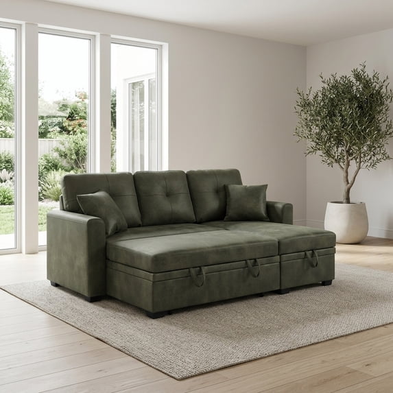 Olive Green Convertible Sleeper Sectional Sofa with Reversible Chaise and Storage