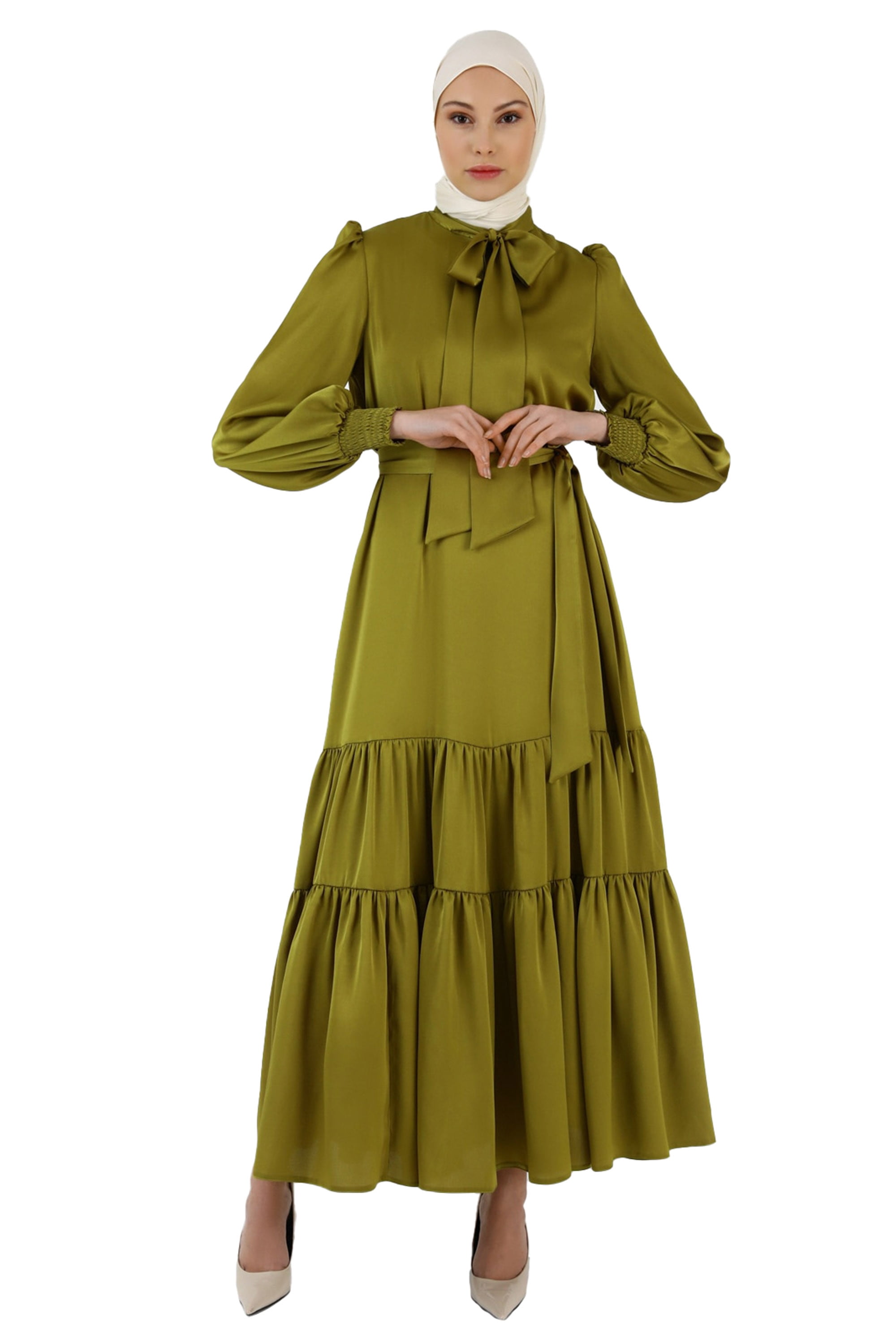 Olive Green - Crew neck - Unlined - Modest Dress