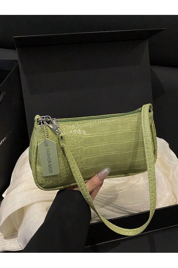 Olive Green Croc-Embossed Crescent Shoulder Bag With Adjustable Strap