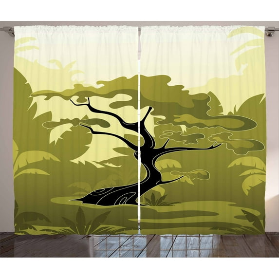 Ambesonne Olive Green Curtains 2 Panel Set, Japanese Jungle, 108" x 108", Pale Yellow Olive Green