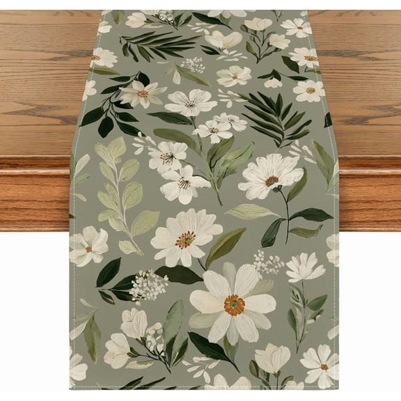 Olive Green Daisy Flowers 210 GSM Spring Table Runner, Seasonal Summer Kitchen Dining Table Decoration for Home Party Decor 13x36 Inch
