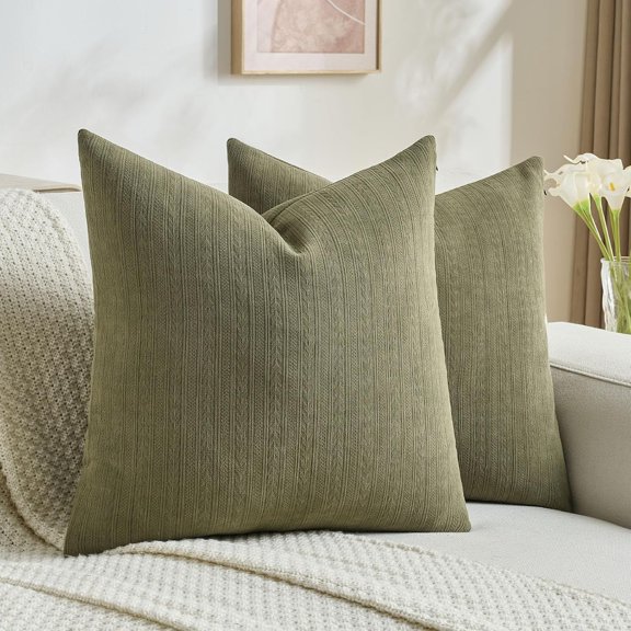 Olive Green Decorative Throw Pillow Covers 18x18 Inch Set of 2,Soft Cozy Wheat Ear Striped Patterns Cushion Cases,Modern Home Decor for Couch Bed Living Room