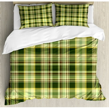 Olive Green Duvet Cover Set King Size, Quilt Pattern Traditional Scottish Design Checkered Geometrical, Decorative 3 Piece Bedding Set with 2 Pillow Shams, Dark Green Yellow Brown, by Ambesonne