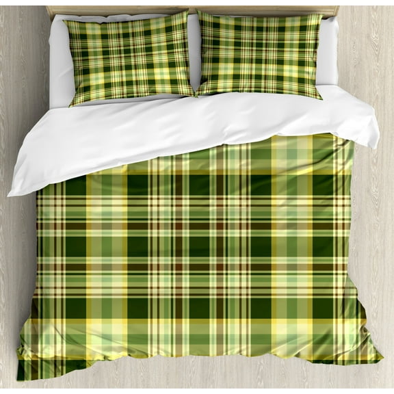 Olive Green Duvet Cover Set King Size, Quilt Pattern Traditional Scottish Design Checkered Geometrical, Decorative 3 Piece Bedding Set with 2 Pillow Shams, Dark Green Yellow Brown, by Ambesonne