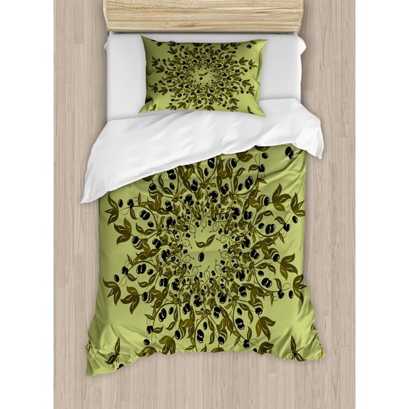 Olive Green Duvet Cover Set Twin Size, Branches of Olives Mediterranean Foliage Leaves and Fruit, Decorative 2 Piece Bedding Set with 1 Pillow Sham, Pistachio Olive Green Black, by Ambesonne