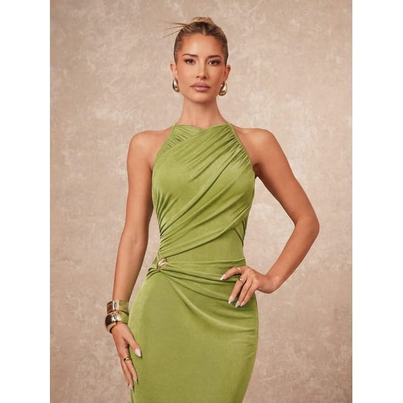 Olive Green Elegant Halter Neck Ruched Criss-Cross Bodycon Dress For Women