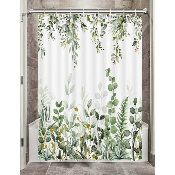 Olive Green Eucalyptus Leaves Camper RV Shower Curtain for Travel Trailer Bathroom, Boho Camping Small Narrow Fabric Shower Curtains Set, Happy Camp Outdoor Decor Accessories with Hooks 47X64 IN