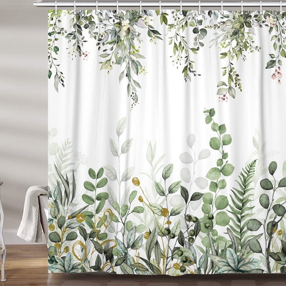 Olive Green Eucalyptus Leaves Shower Curtain, Boho Botanical Sage Green and White Plant Floral Fabric Shower Curtains Set for Bathroom Decorative Nature Restroom Decor Accessories with Hooks 72X75 IN
