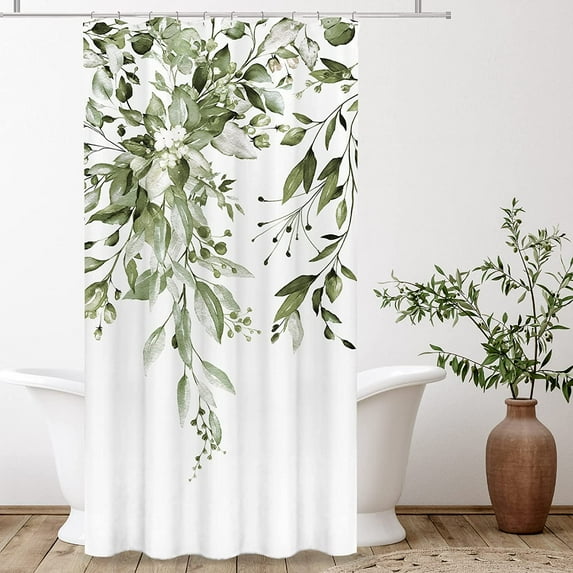 Olive Green Eucalyptus Shower Curtain Sets, Watercolor Leaves on The Top Plant with Floral Bathroom Decoration 36x72 Inch with Hooks