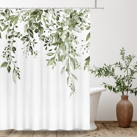 Olive Green Eucalyptus Shower Curtain Sets, Watercolor Leaves on The Top Plant with Floral Bathroom Decoration 72x84 Inch with Hooks
