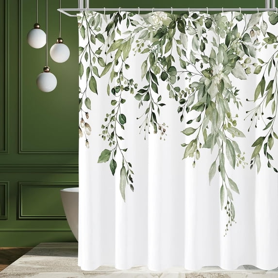 Olive Green Eucalyptus Shower Curtain, Watercolor Plant Leaves with Floral Bathroom Shower Curtain Set with Hooks, 72x72