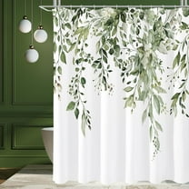 Olive Green Eucalyptus Shower Curtain, Watercolor Plant Leaves with Floral Bathroom Shower Curtain Set with Hooks, 72x72