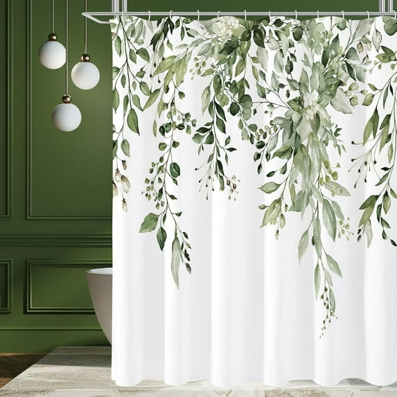 Olive Green Eucalyptus Shower Curtain, Watercolor Plant Leaves with Floral Bathroom Shower Curtain Set with Hooks, 72x72