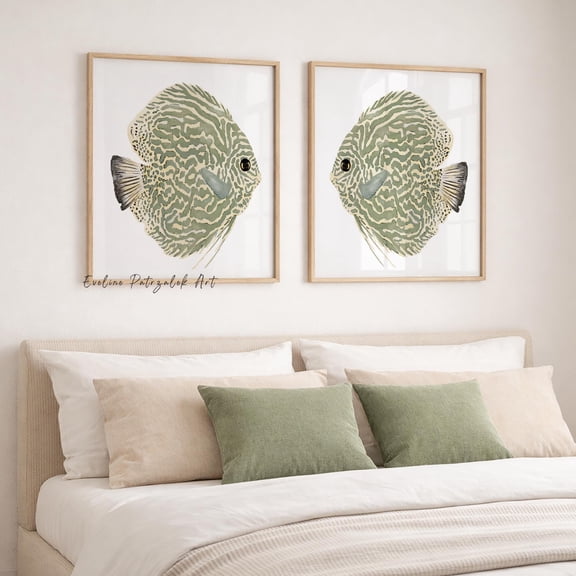 Olive Green Fish Wall Art Prints Coastal Nautical Artwork Japandi Minimalist Ocean Decor Set 2