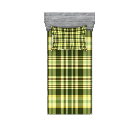 Olive Green Fitted Sheet & Pillow Sham Set, Quilt Pattern Traditional Scottish Design Checkered Geometrical, Decorative Printed 4 Piece Bedding Decor Set, Twinxl, Dark Green Yellow Brown, by Ambesonne