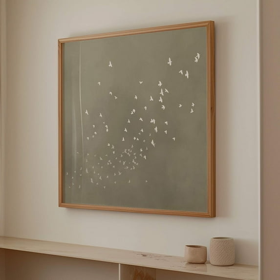 Olive Green Flock Birds Square Wall Art Print, Abstract Painting, Minimalist Decor, Large Living Room Decor, Beige Decor, Japandi Wall Art Wall Art, Modern Wall Decor, 24x24 UNFRAMED