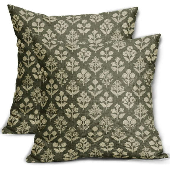 Olive Green Floral Block Print Pillow Covers 18x18 Inch Set of 2, Vintage Flower Pattern Decorative Throw Pillowcases Outdoor Farmhouse Cushion Covers Spring Summer Rustic Sofa Couch Bed Decor