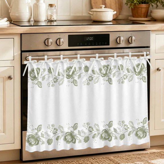 Olive Green Floral Border Oven Skirt with Ribbon Ties&Ruffled Trim - Vintage Vine Handmade Oven Curtain for Dishwasher, Washing Machine Cabinet Effortless Install, Hide Clutter 27"x20"